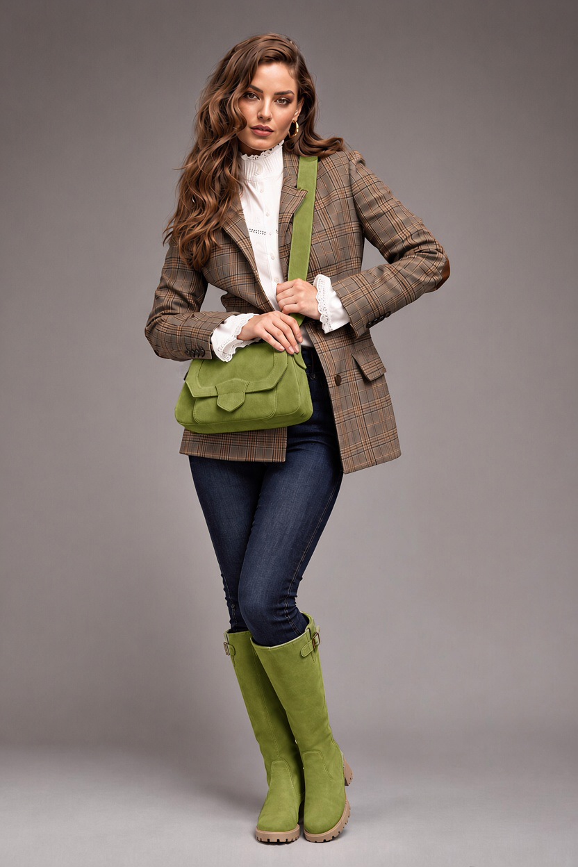 Women's pistachio green custom-made buckle knee-high boots with  and  - Rear view